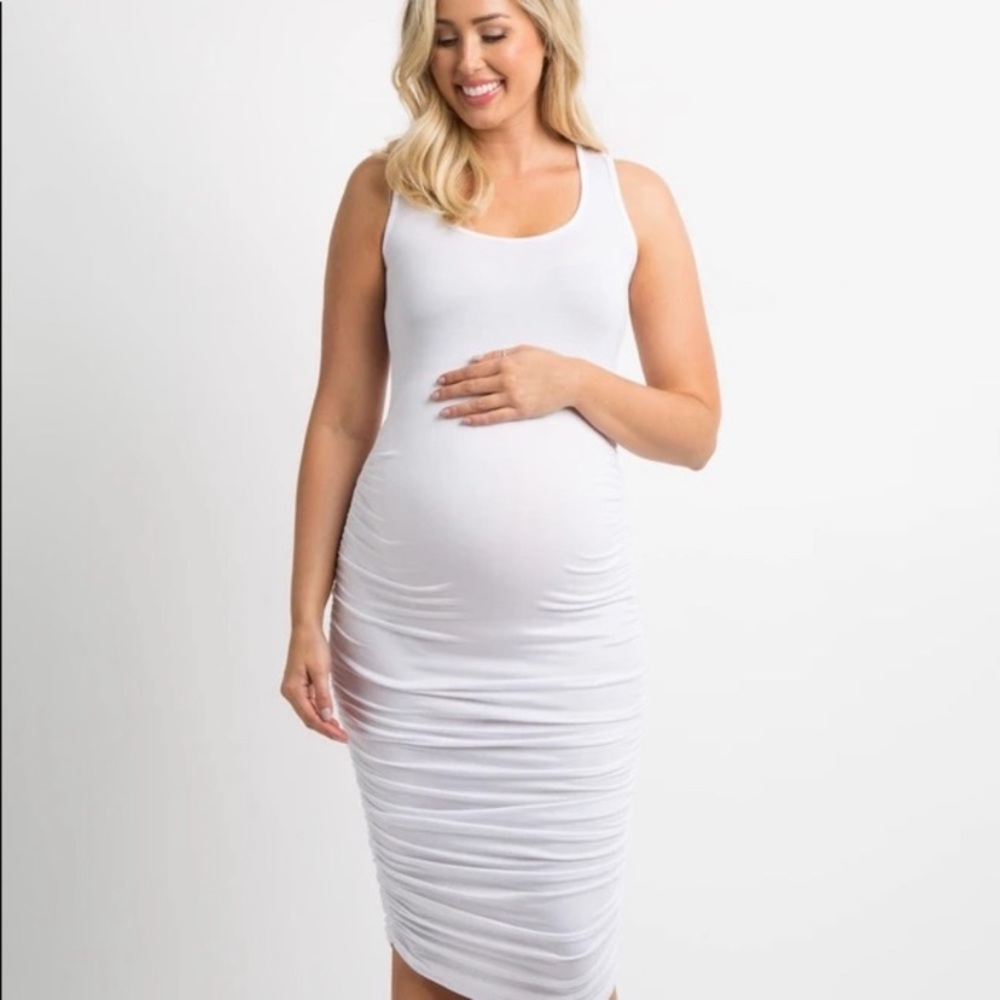 White Ruched Fitted Maternity Bodycon Midi Dress